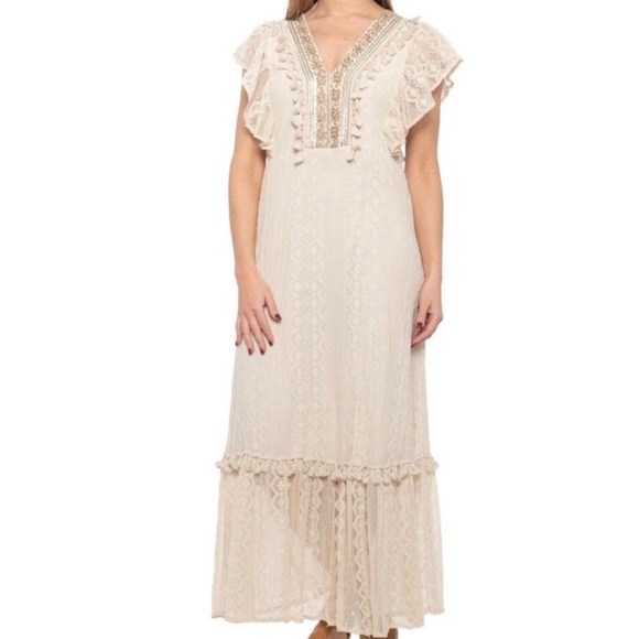 Vanessa Alexandra Romantic Sheer Lace Maxi Dress Flutter Embroidered Tassels Med - Picture 16 of 16